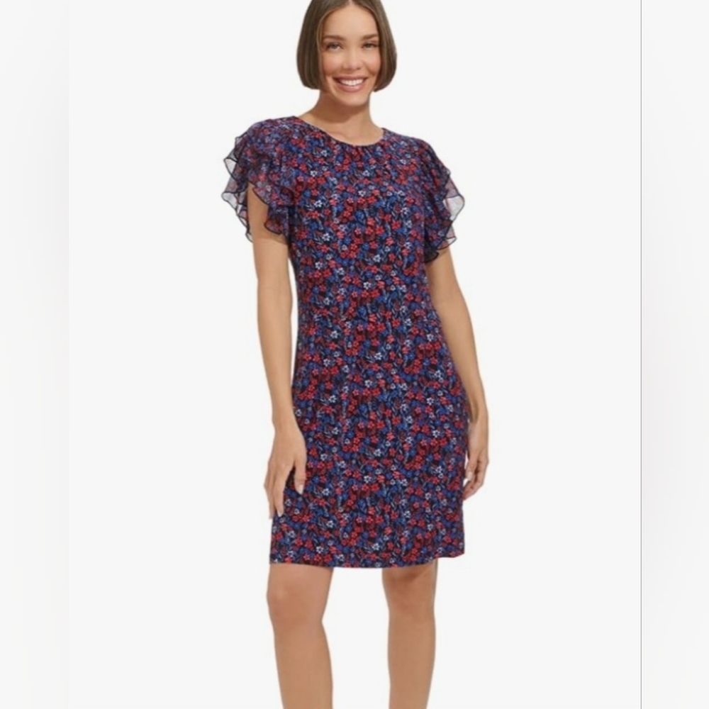 Tommy Hilfiger Chiffon Flutter Sleeve Round Neck Ditsy Floral Jersey Dress